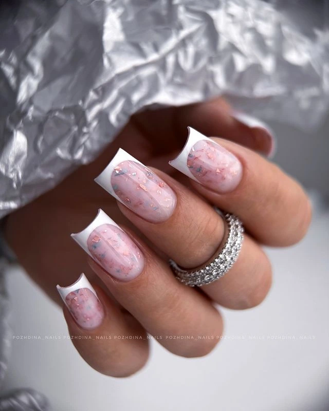 French manicure with glitter snowflakes, New Year's Eve festive nail design 2025 French manicure with glitter snowflakes, New Year's Eve festive nail design 2025